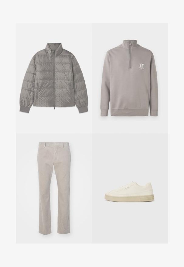 Prešita siva pufer jakna z visokim ovratnikom, dvema stranskima žepoma z zadrgo, elastičnimi manšetami in lahko, gladko teksturo.; Svetlo sivi pulover s četrt zadrgo, izdelan iz mehkega materiala, z majhnim belim logotipom na prsih ter elastičnimi manšetami in robom.; Bež hlače iz kordura z navpično rebrasto teksturo, ravnega kroja in standardnim pasom. Vključeni so sprednji žepi in zanke za pas.; Bele platnene športne copate z teksturirano gumijasto podplatom, ki imajo šivani zaščitni prst in logo na peti. Enostavna zasnova z vezalkami.