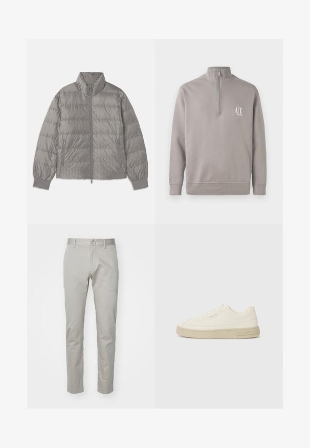 Prešita siva pufer jakna z visokim ovratnikom, dvema stranskima žepoma z zadrgo, elastičnimi manšetami in lahko, gladko teksturo.; Svetlo sivi pulover s četrt zadrgo, izdelan iz mehkega materiala, z majhnim belim logotipom na prsih ter elastičnimi manšetami in robom.; Svetlo sivi bombažni hlače s pravim krojem, ravnim sprednjim delom in brez vidnih žepov ali okrasnih elementov. Gladka tekstura, enostaven videz.; Bele platnene športne copate z teksturirano gumijasto podplatom, ki imajo šivani zaščitni prst in logo na peti. Enostavna zasnova z vezalkami.