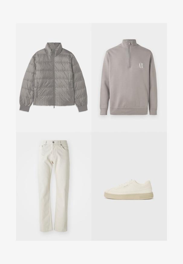 Casaco puffer cinza acolchoado com gola alta, dois bolsos laterais com fecho de correr, punhos elásticos e uma textura leve e suave.; Pullover cinza claro com zip de um quarto, feito de material suave, apresentando um pequeno logotipo branco no peito e punhos e bainha elásticos.; Jeans bege claro feitos de algodão, apresentando um corte reto, estilo de cinco bolsos e fecho em botão de metal prateado.; Ténis de tela brancos com sola de borracha texturizada, apresentando uma biqueira cosida e um detalhe com o logótipo no calcanhar. Design simples com atacadores.