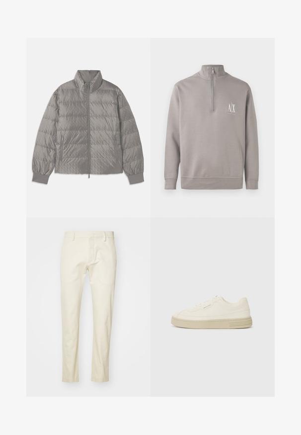 Gequilted grijze pufferjack met een hoge kraag, twee zijzakken met rits, elastische manchetten en een lichte, gladde textuur.; Lichtgrijze quarter-zip pullover van zacht materiaal, met een klein wit logo op de borst en elastische mouwen en zoom.; Beige katoenen broek met een recht gesneden ontwerp, met een ritssluiting aan de voorkant en platte zakken. Gemonteerde stof met een gladde afwerking.; Witte canvas sneakers met een gestructureerde rubberen zool, featuring een gestikte neuskap en logo-accent op de hak. Eenvoudig vetersluiting ontwerp.