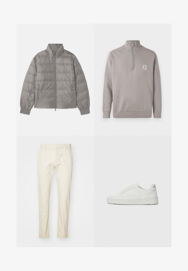 Prošívaná šedá péřovka s vysokým límcem, dvěma bočními zipovými kapsami, elastickými manžetami a lehkým, hladkým povrchem.; Světlé šedé pulovr na čtvrt zip z jemného materiálu, s malým bílým logem na hrudi a elastickými manžetami a spodním lemem.; Béžové bavlněné kalhoty se střihem rovného nohavice, předním zipem a plochými kapsami. Texturovaná tkanina s hladkým povrchem.; Bílé kožené tenisky s hladkým povrchem, kulatou špičkou, plochými tkaničkami a texturovanou podrážkou. Na patě se nachází nenápadné logo.