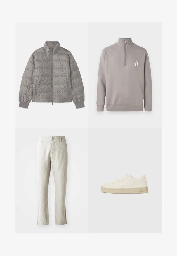 Quilted grey puffer jacket with a high collar, two side zip pockets, elasticized cuffs, and a lightweight, smooth texture.; Light gray quarter-zip pullover made of soft material, featuring a small white logo on the chest and elasticated cuffs and hem.; Light beige linen trousers with a straight cut, subtle texture, front button closure, and two side pockets. Tailored for a clean silhouette.; White canvas sneakers with a textured rubber sole, featuring a stitched toe cap and logo accent on the heel. Simple lace-up design.