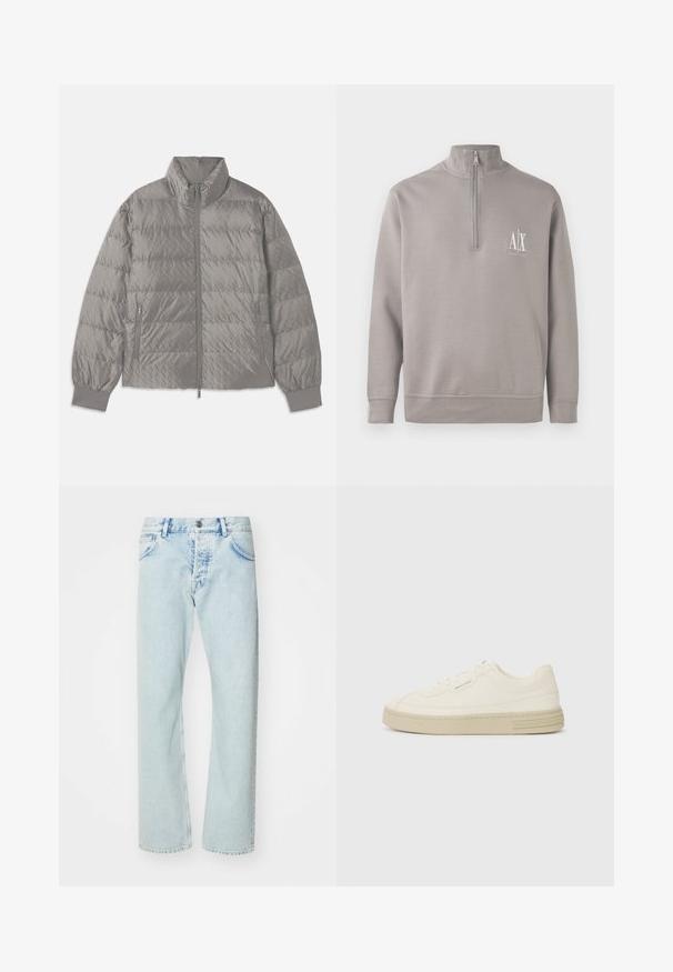 Quilted grey puffer jacket with a high collar, two side zip pockets, elasticized cuffs, and a lightweight, smooth texture.; Light gray quarter-zip pullover made of soft material, featuring a small white logo on the chest and elasticated cuffs and hem.; Light blue denim jeans with a straight-leg design, prominent stitching, five pockets, and a metal button closure at the waistband.; White canvas sneakers with a textured rubber sole, featuring a stitched toe cap and logo accent on the heel. Simple lace-up design.