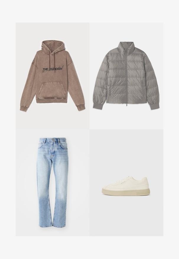Chaqueta acolchada gris tipo pluma con un alto cuello, dos bolsillos laterales con cremallera, puños elásticos y una textura ligera y suave.; Sudadera con capucha marrón en una suave mezcla de algodón, que presenta un bolsillo frontal y un diseño de texto gráfico. Corte relajado con puños y dobladillo de canalé.; Jeans de mezclilla azul claro con corte recto. Presenta un diseño de cinco bolsillos, cierre de botón y una textura deslavada hacia la parte inferior.; Zapatillas de lona blancas con suela de goma texturizada, que cuentan con una puntera cosida y un acento de logo en el talón. Diseño simple de cordones.