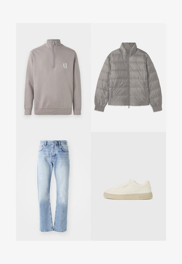 Quiltet grå jakke med høy krage, to sidelommer med glidelås, elastiske mansjetter og en lett, glatt tekstur.; Lys grå kvart-zip genser laget av mykt materiale, med en liten hvit logo på brystet og elastiske mansjetter og kant.; Lyse blå denimjeans med rett ben. Har fem lommer, knappestolpe og en falmet tekstur mot bunnen.; Hvite lerrets sneakers med en teksturert gummisåle, med en sydd tåhette og logo aksent på hælen. Enkel snøring.