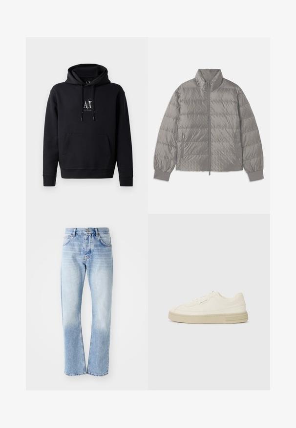 Grau gepolsterte Steppjacke mit hohem Kragen, zwei seitlichen Reißverschlusstaschen, elastischen Bündchen und einer leichten, glatten Textur.; Schwarzer Hoodie aus weich gemischter Baumwolle, verfügt über eine Fronttasche, eine Kapuze mit Kordelzug und ein kleines Logo auf der Brust. Einfaches, lässiges Design.; Helle blaue Jeans mit geradem Schnitt. Verfügt über ein Fünf-Taschen-Design, einen Knopfverschluss und eine ausgewaschene Textur zum unteren Bereich hin.; Weiße Leinen-Sneaker mit einer strukturierten Gummisohle, die eine gestickte Zehenkappe und ein Logo-Detail an der Ferse aufweisen. Einfaches Schnürdesign.