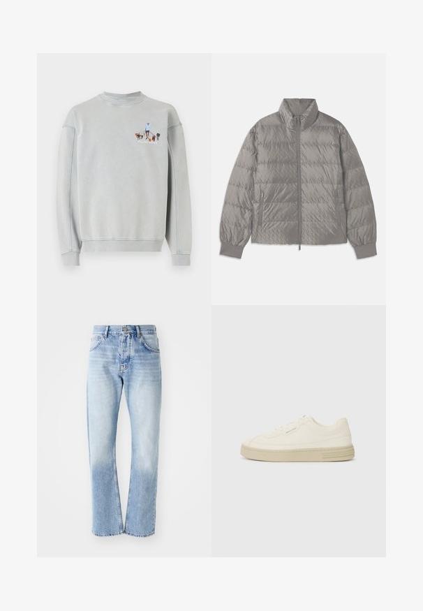 Quiltet grå jakke med høy krage, to sidelommer med glidelås, elastiske mansjetter og en lett, glatt tekstur.; Lys grå hettegenser med ribbestrikket halslinning og mansjetter, med et brodert grafikk av en person som går flere hunder.; Lyse blå denimjeans med rett ben. Har fem lommer, knappestolpe og en falmet tekstur mot bunnen.; Hvite lerrets sneakers med en teksturert gummisåle, med en sydd tåhette og logo aksent på hælen. Enkel snøring.