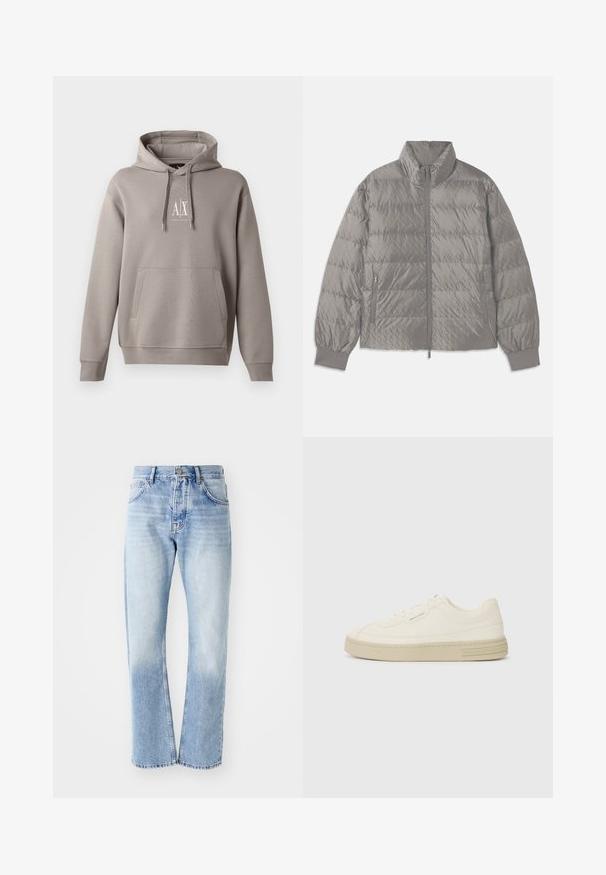 Giacca puffer grigia trapuntata con colletto alto, due tasche laterali con zip, polsini elasticizzati e una texture leggera e liscia.; Felpa grigia con cappuccio, dotata di una tasca centrale a marsupio, cappuccio regolabile con cordino e un piccolo logo bianco sul petto. Tessuto morbido.; Jeans in denim blu chiaro con taglio dritto. Presentano un design a cinque tasche, apertura con bottone e una texture sbiadita verso il fondo.; Sneakers bianche in tela con suola in gomma testurizzata, dotate di una punta cucita e di un accento con logo sul tallone. Design semplice con lacci.