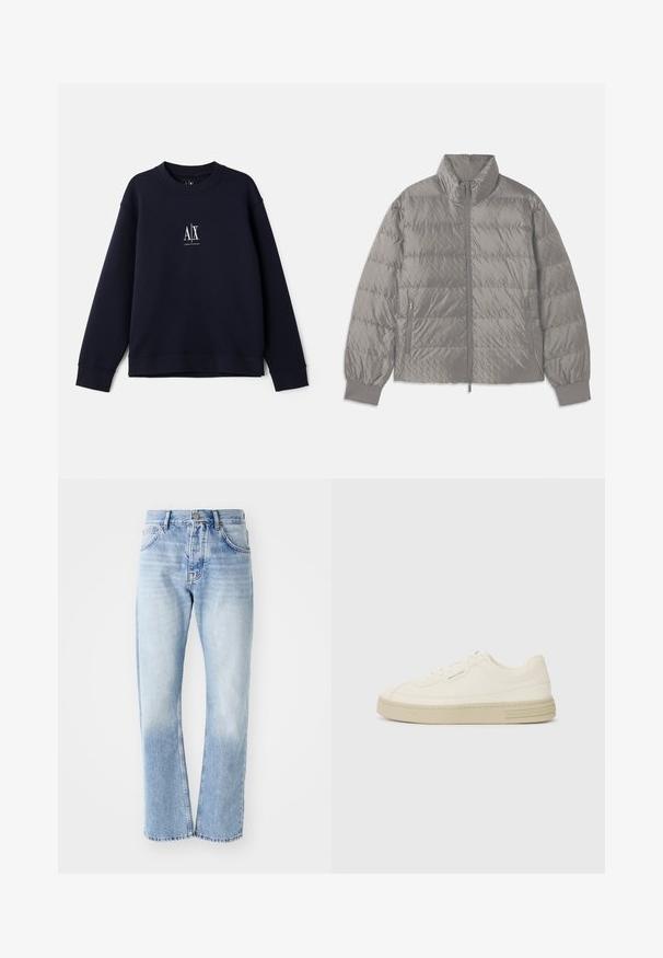 Kvadrāta šuvju pelēks pūkainais mētelis ar augstu apkakli, divām sānu kabatām ar rāvējslēdzēju, elastīgām aprocēm un vieglu, gludu tekstūru.; Tums zilā krāsa džemperis, kas izgatavots no mīksta kokvilnas, ar apaļu dekoltē, garām piedurknēm un mazu baltu logotipu uz krūšu daļas.; Gaiši zili džinsu bikses ar taisnu kāju griezumu. Ar piecu kabatu dizainu, pogu aizdari un izbalējušu tekstūru apakšā.; Baltas kanvas sporta apavi ar strukturētu gumijas zoli, ar šūtu purngalu un logotipu uz papēža. Vienkāršs auklu aizdare dizains.