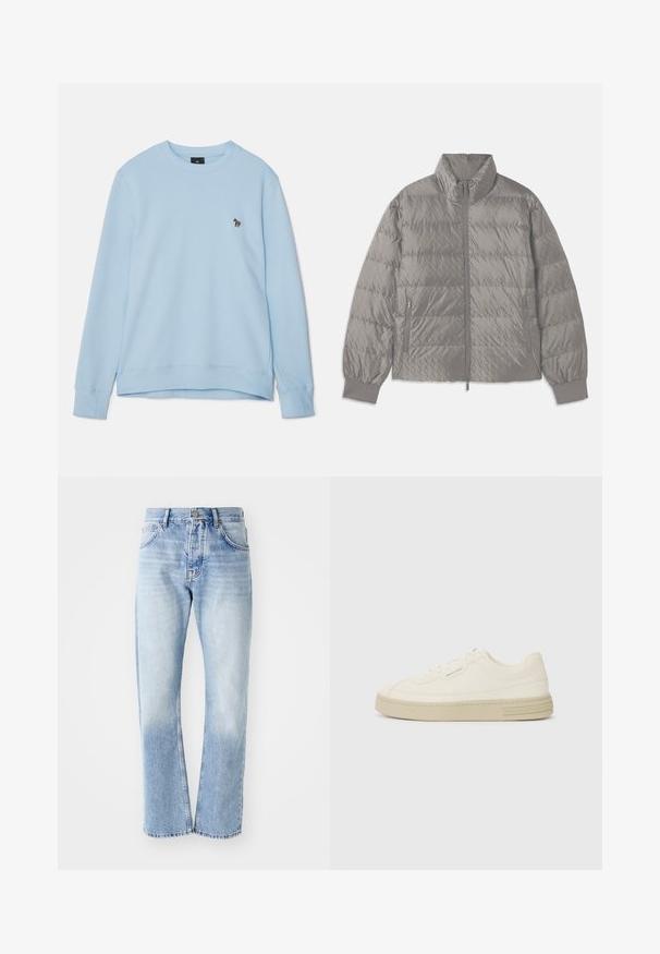 Quiltet grå jakke med høy krage, to sidelommer med glidelås, elastiske mansjetter og en lett, glatt tekstur.; Lyseblå hettegenser med rund hals og ribbestrikkede mansjetter. Har en liten brodert design på brystet. Mykt stoff.; Lyse blå denimjeans med rett ben. Har fem lommer, knappestolpe og en falmet tekstur mot bunnen.; Hvite lerrets sneakers med en teksturert gummisåle, med en sydd tåhette og logo aksent på hælen. Enkel snøring.