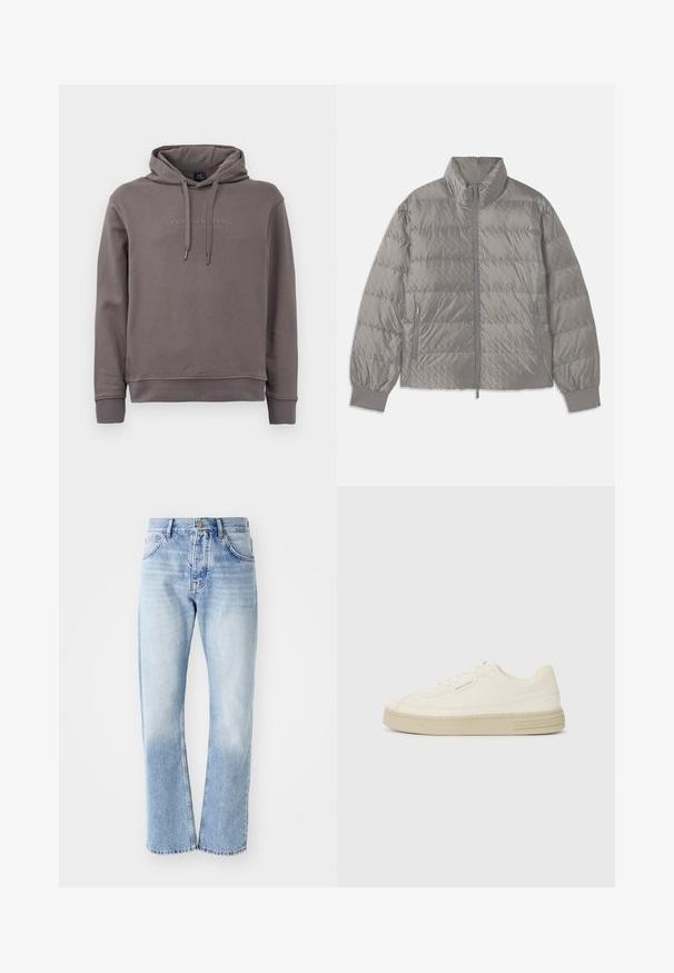 Chaqueta acolchada gris tipo pluma con un alto cuello, dos bolsillos laterales con cremallera, puños elásticos y una textura ligera y suave.; Sudadera gris con bolsillo frontal tipo canguro, cordones ajustables y logotipo bordado. Fabricada con una suave mezcla de algodón.; Jeans de mezclilla azul claro con corte recto. Presenta un diseño de cinco bolsillos, cierre de botón y una textura deslavada hacia la parte inferior.; Zapatillas de lona blancas con suela de goma texturizada, que cuentan con una puntera cosida y un acento de logo en el talón. Diseño simple de cordones.