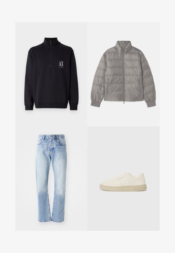 Prešívaná šedá bunda typu puffer s vysokým golierom, dvomi postrannými zipsovými vreckami, elastickými manžetami a ľahkým, hladkým povrchom.; Čierny pulóver so zipsom na štvrtinu a vysokým golierom, ktorý má biele logo na ľavej strane hrude a rebrované manžety a lem.; Svetlomodré denimové džínsy s rovným strihom. Majú dizajn s piatimi vreckami, gombíkový rozpínací pás a vyblednutú textúru smerom k spodnej časti.; Biele plátenné tenisky s textúrovanou gumovou podrážkou, so šitým špičkovým krytom a logom na päte. Jednoduchý dizajn so šnurovaním.