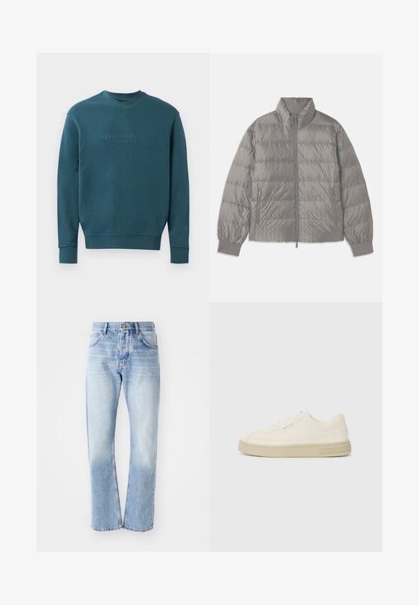 Kvadrāta šuvju pelēks pūkainais mētelis ar augstu apkakli, divām sānu kabatām ar rāvējslēdzēju, elastīgām aprocēm un vieglu, gludu tekstūru.; Tirkīza krāsas sporta krekls, kas izgatavots no mīksta auduma, ar apaļu kakla izgriezumu un ribotām piedurknēm. Priekšpusē ir redzams "ARMANI EXCHANGE" logo tonālajā drukā.; Gaiši zili džinsu bikses ar taisnu kāju griezumu. Ar piecu kabatu dizainu, pogu aizdari un izbalējušu tekstūru apakšā.; Baltas kanvas sporta apavi ar strukturētu gumijas zoli, ar šūtu purngalu un logotipu uz papēža. Vienkāršs auklu aizdare dizains.