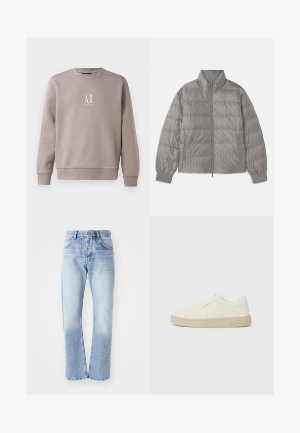 Prešívaná šedá bunda typu puffer s vysokým golierom, dvomi postrannými zipsovými vreckami, elastickými manžetami a ľahkým, hladkým povrchom.; Šedá mikina z mäkkého materiálu, s okrúhlym výstrihom, dlhými rukávmi a malým bielym logom na hrudi.; Svetlomodré denimové džínsy s rovným strihom. Majú dizajn s piatimi vreckami, gombíkový rozpínací pás a vyblednutú textúru smerom k spodnej časti.; Biele plátenné tenisky s textúrovanou gumovou podrážkou, so šitým špičkovým krytom a logom na päte. Jednoduchý dizajn so šnurovaním.