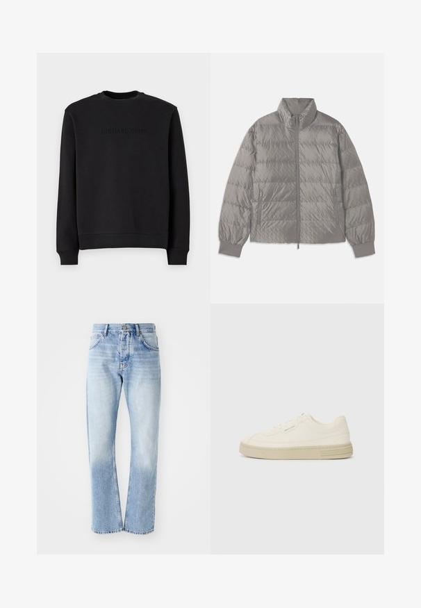 Prešívaná šedá bunda typu puffer s vysokým golierom, dvomi postrannými zipsovými vreckami, elastickými manžetami a ľahkým, hladkým povrchom.; Čierna mikina vyrobená z mäkkej tkaniny, má okrúhly výstrih, dlhé rukávy a reliéfne logo "MICHAEL KORS" na hrudi.; Svetlomodré denimové džínsy s rovným strihom. Majú dizajn s piatimi vreckami, gombíkový rozpínací pás a vyblednutú textúru smerom k spodnej časti.; Biele plátenné tenisky s textúrovanou gumovou podrážkou, so šitým špičkovým krytom a logom na päte. Jednoduchý dizajn so šnurovaním.