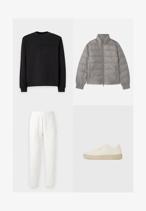 Gequilted grijze pufferjack met een hoge kraag, twee zijzakken met rits, elastische manchetten en een lichte, gladde textuur.; Zwarte sweatshirt van zacht materiaal, met een ronde hals, lange mouwen en een reliëf 'MICHAEL KORS' logo op de borst.; Witte sweatpants gemaakt van zacht materiaal, met een elastische tailleband, taps toelopende benen en een klein logo aan de linkerkant.; Witte canvas sneakers met een gestructureerde rubberen zool, featuring een gestikte neuskap en logo-accent op de hak. Eenvoudig vetersluiting ontwerp.