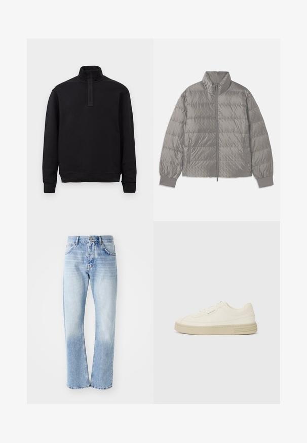 Giacca puffer grigia trapuntata con colletto alto, due tasche laterali con zip, polsini elasticizzati e una texture leggera e liscia.; Pullover nero a maniche lunghe con colletto alto e breve patta con zip, con polsini e orlo a coste, esposto su uno sfondo chiaro e semplice.; Jeans in denim blu chiaro con taglio dritto. Presentano un design a cinque tasche, apertura con bottone e una texture sbiadita verso il fondo.; Sneakers bianche in tela con suola in gomma testurizzata, dotate di una punta cucita e di un accento con logo sul tallone. Design semplice con lacci.