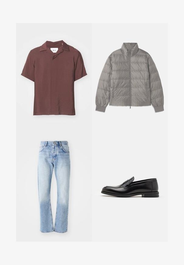 Quilted grey puffer jacket with a high collar, two side zip pockets, elasticized cuffs, and a lightweight, smooth texture.; Short-sleeve, collared shirt in a deep burgundy color. Textured, lightweight fabric with a relaxed fit and subtle sheen. Label visible.; Light blue denim jeans with a straight-leg cut. Features a five-pocket design, button fly, and faded texture towards the bottom.; Black leather loafers with a smooth texture, rounded toe, and a decorative strap across the vamp. Low stacked heel, minimalist design.