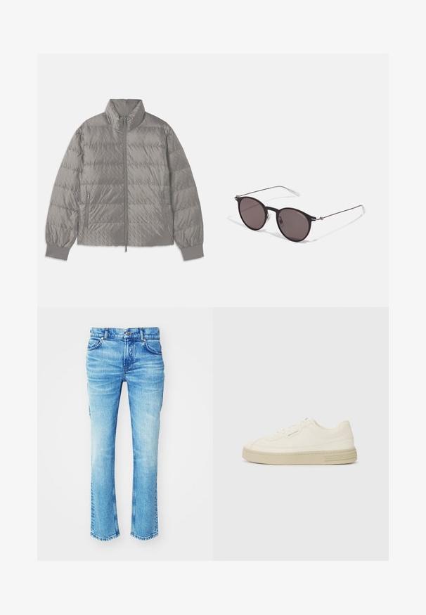 Pamušaluota pilka pūkinė striukė su aukštu apykakle, dviem šoninėmis užtrauktukų kišenėmis, elastingomis rankovėmis ir lengva, lygiomis tekstūromis.; Juodas medvilninis marškinėliai su apvaliu iškirpu, trumpomis rankovėmis ir baltu "EMPORIO ARMANI" logotipu virš "Milano" kreivame dizaino.; Mėlynos džinsinės kelnės su išblukusiu skalbimo efektu, tiesaus kirpimo dizainas ir neapdorotas kraštas. Yra penkių kišenių stilius ir metaliniai mygtuko akcentai.; Baltos drobės sportbačiai su tekstūruota guma padais, turintys siuvinėtą pirštų apsaugą ir logotipo akcentą ant kulno. Paprastas rišamas dizainas.; Juodos apvalios saulės akinių su tamsiais lęšiais ir plonomis metalinėmis šakomis. Įtraukti skaidrūs šventyklų galai ir sidabriniai akcentai vyrio srityje. Minimalistinis dizainas.