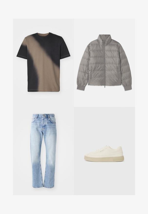 Veste matelassée grise en duvet avec un col haut, deux poches zippées sur les côtés, des poignets élastiques et une texture légère et lisse.; T-shirt à manches courtes en noir et beige avec un motif dégradé, fabriqué en coton, doté d'un col rond et de coutures visibles.; Jean en denim bleu clair avec une coupe droite. Présente un design à cinq poches, un zip, et une texture décolorée vers le bas.; Baskets en toile blanches avec une semelle en caoutchouc texturée, présentant un capuchon de chaussure cousu et un accent de logo sur le talon. Design simple à lacets.