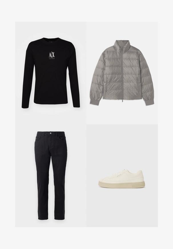 Casaco puffer cinza acolchoado com gola alta, dois bolsos laterais com fecho de correr, punhos elásticos e uma textura leve e suave.; Camisola preta de manga longa feita de algodão, com decote redondo. Apresenta o logótipo branco "A|X" centrado no peito. Design simples, com poucos detalhes.; Calças de algodão pretas com um design de perna reta, apresentando um fecho de botão, dois bolsos frontais e uma textura suave.; Ténis de tela brancos com sola de borracha texturizada, apresentando uma biqueira cosida e um detalhe com o logótipo no calcanhar. Design simples com atacadores.