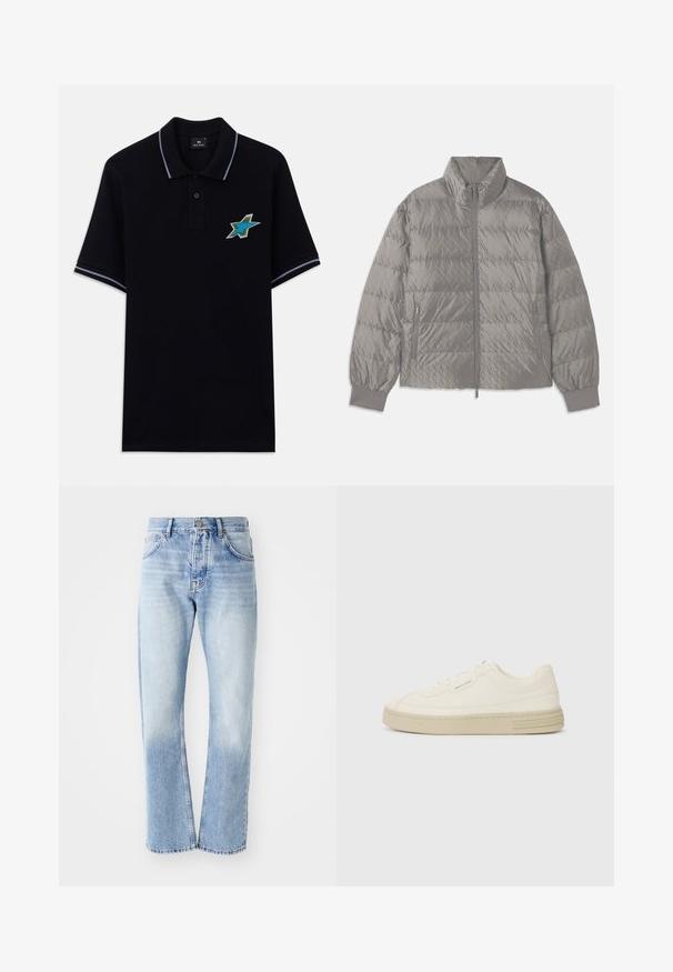 Quiltad grå puffjacka med hög krage, två sidofickor med dragkedja, elastiska ärmmuddar och en lätt, slät textur.; Svart kortärmad pikétröja med blå och vita ränder på kragen och ärmarna, med en stjärnpatch i blått och grönt på bröstet.; Ljusblå denimjeans med rak benform. Har en femficksdesign, knappgylf och blekt utseende mot botten.; Vita canvas sneakers med en texturerad gummisula, med en sydd tåhätta och logotypdetalj på hälen. Enkel snörningsdesign.