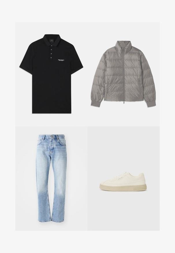 Grau gepolsterte Steppjacke mit hohem Kragen, zwei seitlichen Reißverschlusstaschen, elastischen Bündchen und einer leichten, glatten Textur.; Schwarzes Poloshirt aus Baumwolle mit Standardkragen, Dreiknopf-Leiste und kleinem weißen "Armani Exchange"-Logo auf der linken Seite.; Helle blaue Jeans mit geradem Schnitt. Verfügt über ein Fünf-Taschen-Design, einen Knopfverschluss und eine ausgewaschene Textur zum unteren Bereich hin.; Weiße Leinen-Sneaker mit einer strukturierten Gummisohle, die eine gestickte Zehenkappe und ein Logo-Detail an der Ferse aufweisen. Einfaches Schnürdesign.