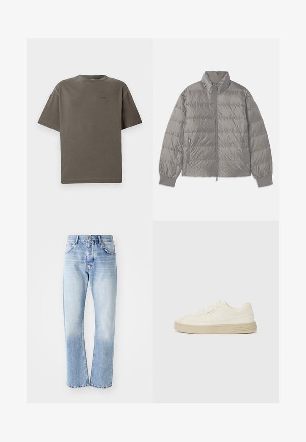 Tűzött szürke puffermiklós kabát magas gallérral, két oldalsó cipzáras zsebbel, rugalmas mandzsettákkal és könnyű, sima felülettel.; Olíva zöld, rövid ujjú póló, puha pamutból készült, kerek nyakkivágással és a mellkasán egy kis „CLOSED” hímzett logóval.; Világoskék farmernadrág egyenes szára. Öt zsebbel, gombos záródással és a szár alján halványos textúrával rendelkezik.; Fehér vászon sportcipők texturált gumitalppal, varrott orral és logóval díszített sarokkal. Egyszerű fűzős kialakítás.