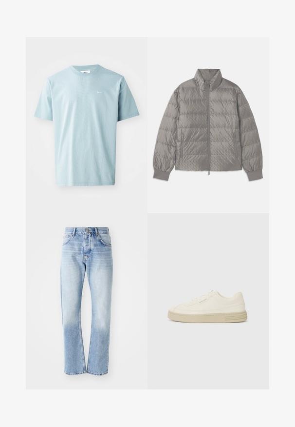 Casaco puffer cinza acolchoado com gola alta, dois bolsos laterais com fecho de correr, punhos elásticos e uma textura leve e suave.; T-shirt de algodão azul claro com mangas curtas, gola redonda e uma pequena marcação branca na frente. Textura suave, design casual.; Calças de ganga azul claro com corte de perna reta. Apresenta um design de cinco bolsos, fecho de botão e uma textura desbotada na parte inferior.; Ténis de tela brancos com sola de borracha texturizada, apresentando uma biqueira cosida e um detalhe com o logótipo no calcanhar. Design simples com atacadores.