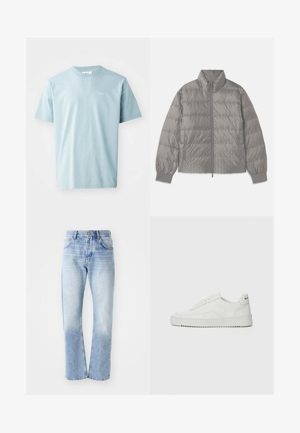 Kvadrāta šuvju pelēks pūkainais mētelis ar augstu apkakli, divām sānu kabatām ar rāvējslēdzēju, elastīgām aprocēm un vieglu, gludu tekstūru.; Gaiši zils kokvilnas T-krekls ar īsām piedurknēm, apaļo kakla izgriezumu un nelielu baltu apzīmējumu priekšpusē. Gluda struktūra, ikdienišķs dizains.; Gaiši zili džinsu bikses ar taisnu kāju griezumu. Ar piecu kabatu dizainu, pogu aizdari un izbalējušu tekstūru apakšā.; Baltas ādas sneakers ar gludu virsmu, apaļu pirkstu daļu, plakaniem šņorēm un teksturētu zoli. Satur diskrētu logotipu uz papēža.