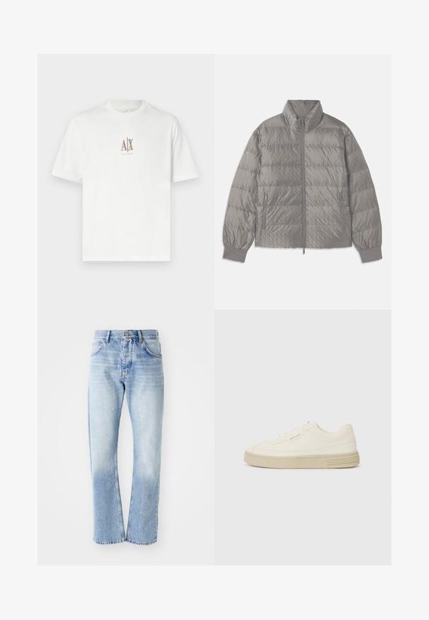 Pamušaluota pilka pūkinė striukė su aukštu apykakle, dviem šoninėmis užtrauktukų kišenėmis, elastingomis rankovėmis ir lengva, lygiomis tekstūromis.; Balta medvilnės marškinėliai su apvalia iškirpte. Ant jų yra mažas smėlio spalvos logotipas "A|X" ir užrašas "ARMANI EXCHANGE" po juo. Trumpomis rankovėmis, reguliaraus kirpimo.; Šviesiai mėlynos džinsinės kelnės su tiesia sijonu. Savybės: penkių kišenių dizainas, mygtukų užtrauktukas ir blukus tekstūra apačioje.; Baltos drobės sportbačiai su tekstūruota guma padais, turintys siuvinėtą pirštų apsaugą ir logotipo akcentą ant kulno. Paprastas rišamas dizainas.