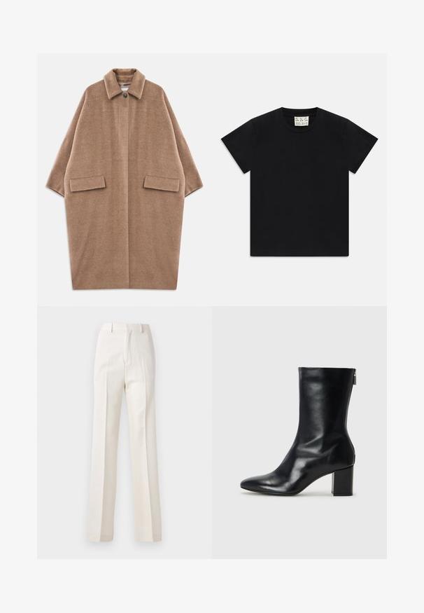 Barna, túlnyúló gyapjúkabát széles ujjakkal, gombos záródással a galléron és két elülső zsebből álló zsebbel, fehér háttéren fekve.; Fekete, rövid ujjú, kerek nyakú póló fehér címkével a gallér belsejében, amelyen az "D.R.C. EST. 2002" felirat szerepel, fehér háttéren.; Fehér, bő szárú nadrág sima textúrával, elöl pliszékkel és klasszikus derékkal, amely kifinomult megjelenésre lett tervezve.; Fekete bőr bokacipő hegyes orral és 4 cm-es blokkfallal. Simán díszített designja oldalra nyíló cipzárral rendelkezik, ami megkönnyíti a felvételt. Simább textúrával.