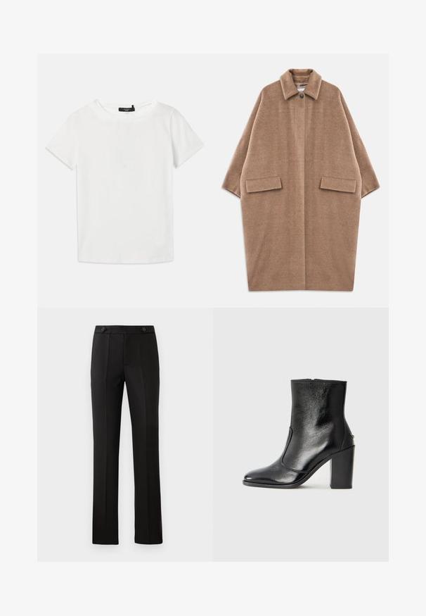 Barna, túlnyúló gyapjúkabát széles ujjakkal, gombos záródással a galléron és két elülső zsebből álló zsebbel, fehér háttéren fekve.; Fehér, rövid ujjú póló, puha pamutból készült, kerek nyakkivágással és egyenes szegéllyel, látható minták vagy díszítések nélkül.; Fekete, szabott nadrág egyenes lábbal, két elülső zsebbel, gombos záródással és plisszé részletezéssel elöl. Simább anyagú textúra.; Fekete bőr bokacipő sima textúrával, hegyes orral és vastag, magas sarkával. Oldalnyílással és minimalista dizájnnal rendelkezik.