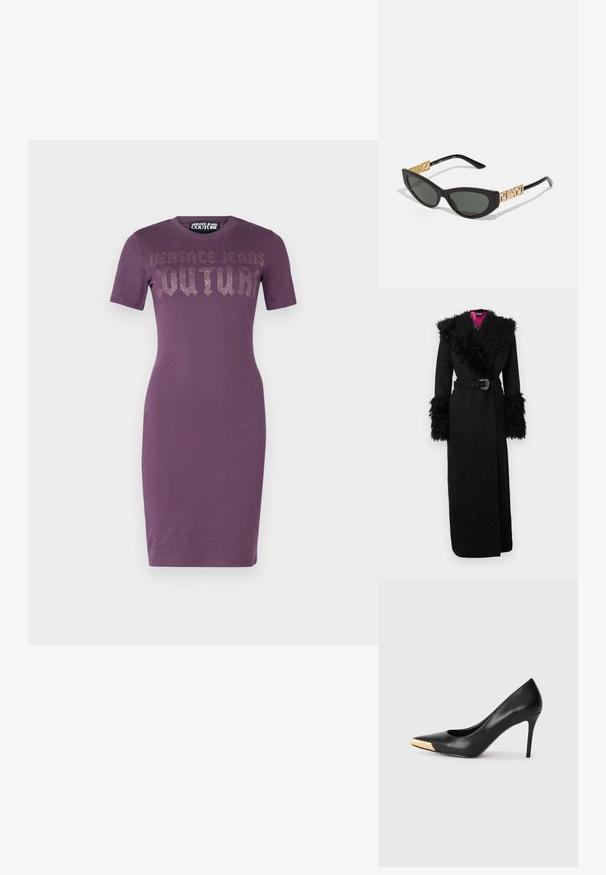 Melnā gara mēteļa ar mīkstu mākslīgās kažokādas apkakli un aprocēm, jostasvietu ar jostu un fakturētu audumu, ievērojama dzīvīga rozā oderējuma.; Violeta pieguļa piegriezuma īsām piedurknēm kleita ar "Versace Jeans Couture" uzrakstu ar rhinestones krūtīs, līdz ceļiem, ar apaļu dekoltē.; Melna ādas augstpapēžu kurpe ar smailu purngalu; ar metālisku zelta akcentu purngalā. Gluda virsma ar elegantu dizainu.; Melni kaķa acs saulesbrilles ar tumšiem stikliem, ar zelta ģeometriskajiem akcentiem uz tempļiem un elegantu matētu apdari.