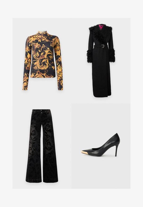 Juodas ilgas paltas su minkštu dirbtiniu kailiu apykaklėje ir rankogaliuose, su diržu liemenyje ir tekstūruota medžiaga, spalvinga rožine pamušalu.; Juodas ilgas rankoves turtlenekas megztinis su sudėtingais auksiniais ir rudi baroko gėlių raštais visame paviršiuje.; Juodos plačios kelnės iš raštuoto veliūro, pasižyminčios tekstūruotu sūkurio raštu, dviem priekiniais mygtukais ir klasikiniu džinsų stiliumi.; Juodas odinis aukštakulnis batelis su smailiu pirštu; turi metalinį auksinį akcentą ant pirštų guolio. Lygus paviršius su elegantišku dizainu.
