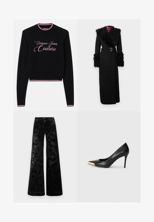 Fekete hosszú kabát plüss műszőrme gallérral és mandzsettákkal, öves derékkal és texturált anyagból, élénk rózsaszín béléssel.; Fekete pulóver, amelyen pink írásos betűkkel szerepel a "Versace Jeans Couture" felirat. Bordás kerek nyak, alsó rész és pink-kék csíkos díszítések. Hosszú ujjak.; Fekete, bőszárú nadrág mintás bársonyból, texturált örvénymintával, két elülső gombbal és klasszikus farmer stílussal.; Fekete bőrből készült, magas sarkú tűsarkú cipő, hegyes orral; fémes arany részlet a lábujj részen. Simább felület, elegáns kialakítással.