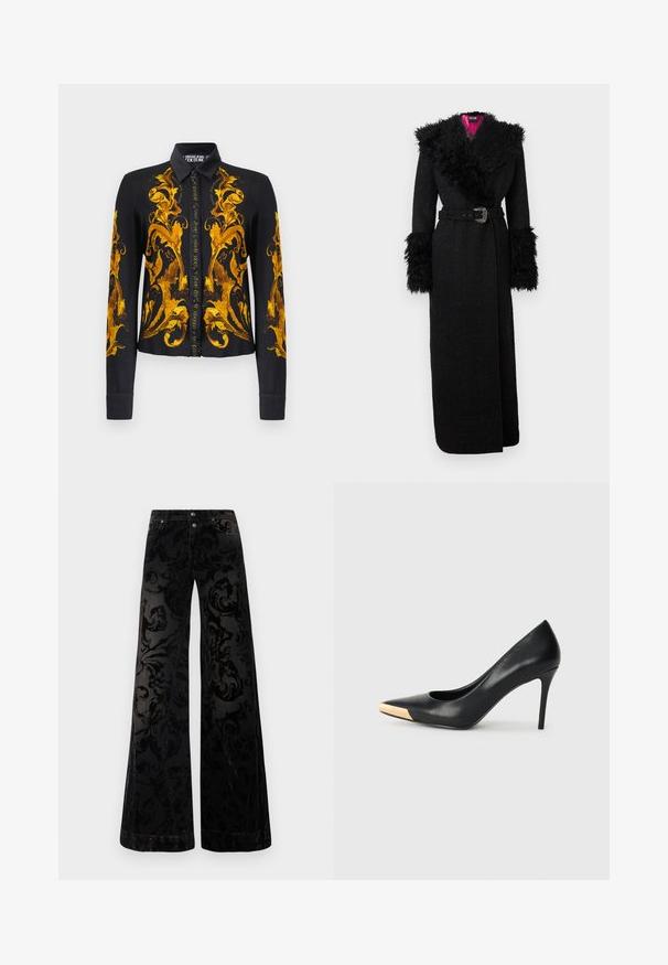 Must pikk mantel pehmeast kunstkarusnahast krae ja varrukaküljed, vöökohaga ning tekstureeritud kangaga, millel on erksav roosa vooder.; Must ehk pikkade varrukatega nööbiga särk, mille esiküljel, varrukatel ja krael on rikkalikud kuldsed barokk-lillemustrid, Versace Jeans Couture silt.; Mustad laia säärega püksid, mis on valmistatud mustrilisest sametist ja millel on tekstuurse keerisega disain, kaks eesmist nuppu ja klassikaline teksastiil.; Mustmust suured mõõgapead; pöidla kurgus on metallist kullatooni aktsent. Sile pind ja peen disain.