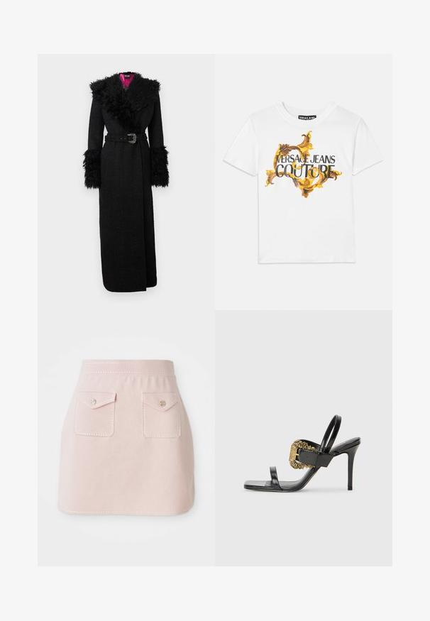 Must pikk mantel pehmeast kunstkarusnahast krae ja varrukaküljed, vöökohaga ning tekstureeritud kangaga, millel on erksav roosa vooder.; Valge puuvillane t-särk, millel on kullakarva ja pruuni barokkmustrit, kus on selgelt välja toodud mustade tähtedega "VERSACE JEANS COUTURE".; Roosa seelik, mis on valmistatud sileda tekstuuriga kangast. Omab kahte esist taskut klappi ja dekoratiivset tikandit hemmi ääres.; Mustad nahast kõrged kontsad, millel on ruudukujuline varvas, kaks õhukest rihma ja dekoratiivne kuldne pandla, millel on keeruline kaunistus küljel.