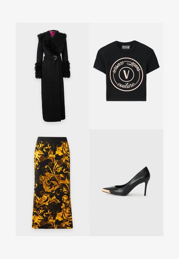 Palton negru lung cu guler și manșete din blană artificială plușată, talie cu centură și țesătură texturată, având o căptușeală vibrantă roz.; T-shirt negru din bumbac cu un mare logo circular bej, pe care se află inscripția "Versace Jeans Couture" și un "V" central, scris cu un font elegant. Mâneci scurte.; Fustă neagră cu un model floral auriu vibrant, realizată dintr-un material moale, cu un adevărat elastic negru care afișează logo-ul mărcii.; Pantofii cu toc înalt din piele neagră, cu vârful ascuțit; prezintă un accent metalic aurit pe capacul degetului. Suprafață netedă cu un design elegant.