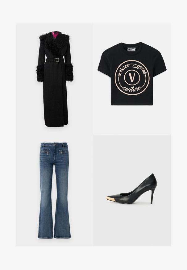 Juodas ilgas paltas su minkštu dirbtiniu kailiu apykaklėje ir rankogaliuose, su diržu liemenyje ir tekstūruota medžiaga, spalvinga rožine pamušalu.; Juodas medvilnės marškinėliai su dideliu smėlio spalvos apvaliu logotipu, kuriame nurodyta "Versace Jeans Couture" ir centrinis elegantiškas „V“. Trumpomis rankovėmis.; Mėlyni džinsai su plačiomis blauzdomis, vidutinio aukščio juosmeniu, turi priekines ir galines kišenes bei subtilų išblukimą.; Juodas odinis aukštakulnis batelis su smailiu pirštu; turi metalinį auksinį akcentą ant pirštų guolio. Lygus paviršius su elegantišku dizainu.