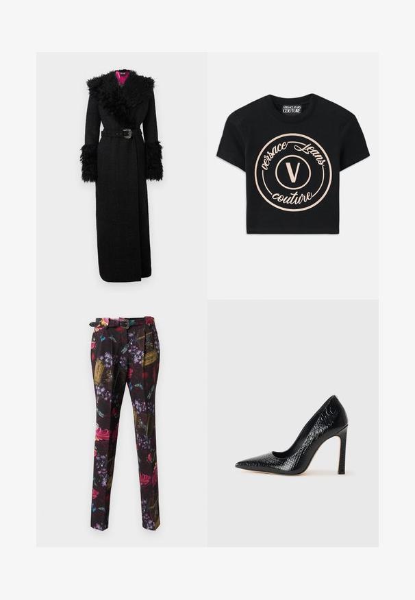 Fekete hosszú kabát plüss műszőrme gallérral és mandzsettákkal, öves derékkal és texturált anyagból, élénk rózsaszín béléssel.; Fekete pamut póló, amelyen egy nagy bézs kör alakú logó található, rajta a "Versace Jeans Couture" felirattal és egy középső elegáns "V" betűvel. Rövid ujjú.; Virágmintás nadrág fekete alapszínnel, élénk piros, lila és kék részletekkel, egyenes szabással és díszövvel.; Fekete hegyes orrú magassarkú cipő krokodilbőr textúrával, letisztult dizájnnal, magas tűsarkú és sima fekete belső résszel.
