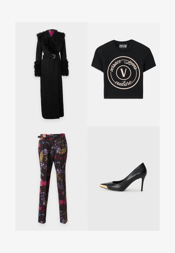 Must pikk mantel pehmeast kunstkarusnahast krae ja varrukaküljed, vöökohaga ning tekstureeritud kangaga, millel on erksav roosa vooder.; Mustmust värvi puuvillane T-särk, millel on suur beež ümmargune logo, kus on kirjas "Versace Jeans Couture" ning keskel elegantses fondis "V". Lühikesed varrukad.; Lille lillede mustriga püksid, millel on must alus, erksad punased, lillad ja sinised aktsendid, sirge lõikega ja dekoratiivse vöödetailiga.; Mustmust suured mõõgapead; pöidla kurgus on metallist kullatooni aktsent. Sile pind ja peen disain.