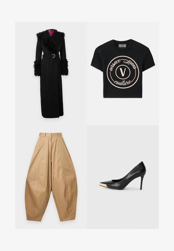 Sort lang frakke med en blød kunstig pelskrave og -manchetter, bælte i taljen og tekstureret stof, med en livlig lyserød foring.; Sort bomulds t-shirt med et stort beige cirkulært logo, hvor der står "Versace Jeans Couture" og et centralt "V" i en elegant skrifttype. Korte ærmer.; Højtaljede, brede beige bukser med plisseringer, bæltestropper og affasede ben, vist mod en hvid baggrund.; Sort læder stiletter med spids tå; har et metalisk guldakcent på tåkapperne. Glat overflade med et strømlinet design.