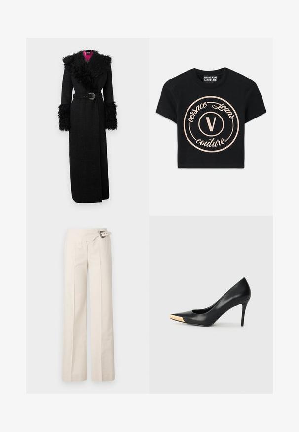 Fekete hosszú kabát plüss műszőrme gallérral és mandzsettákkal, öves derékkal és texturált anyagból, élénk rózsaszín béléssel.; Fekete pamut póló, amelyen egy nagy bézs kör alakú logó található, rajta a "Versace Jeans Couture" felirattal és egy középső elegáns "V" betűvel. Rövid ujjú.; Homlokzati nadrág krémszínű, textúrált felületű anyagból. Oldalredők és dekoratív öv jellemzi, kör alakú csattal kiemelve.; Fekete bőrből készült, magas sarkú tűsarkú cipő, hegyes orral; fémes arany részlet a lábujj részen. Simább felület, elegáns kialakítással.