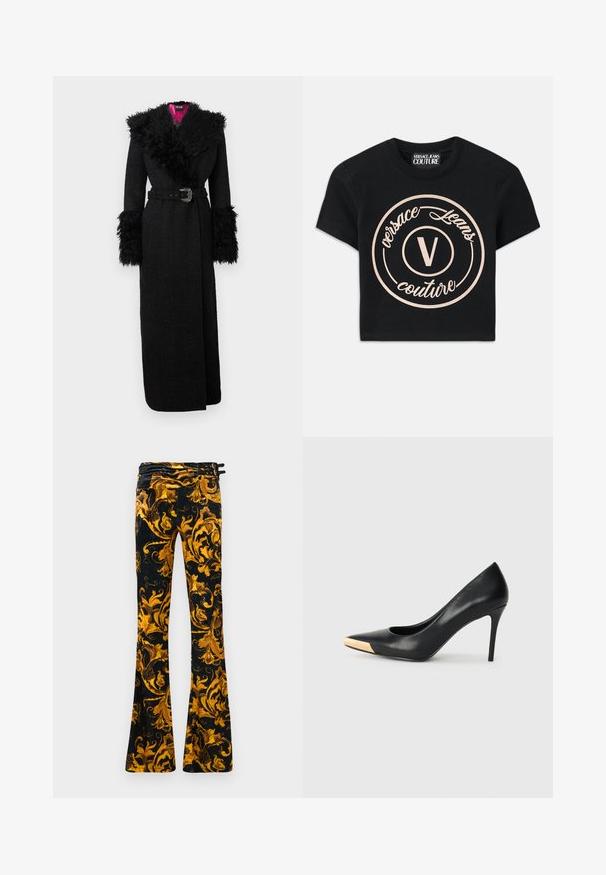 Palton negru lung cu guler și manșete din blană artificială plușată, talie cu centură și țesătură texturată, având o căptușeală vibrantă roz.; T-shirt negru din bumbac cu un mare logo circular bej, pe care se află inscripția "Versace Jeans Couture" și un "V" central, scris cu un font elegant. Mâneci scurte.; Pantaloni evazați din material negru cu modele florale aurii elaborate. Dispune de un brâu rulat cu multiple butoane negre și șnururi.; Pantofii cu toc înalt din piele neagră, cu vârful ascuțit; prezintă un accent metalic aurit pe capacul degetului. Suprafață netedă cu un design elegant.