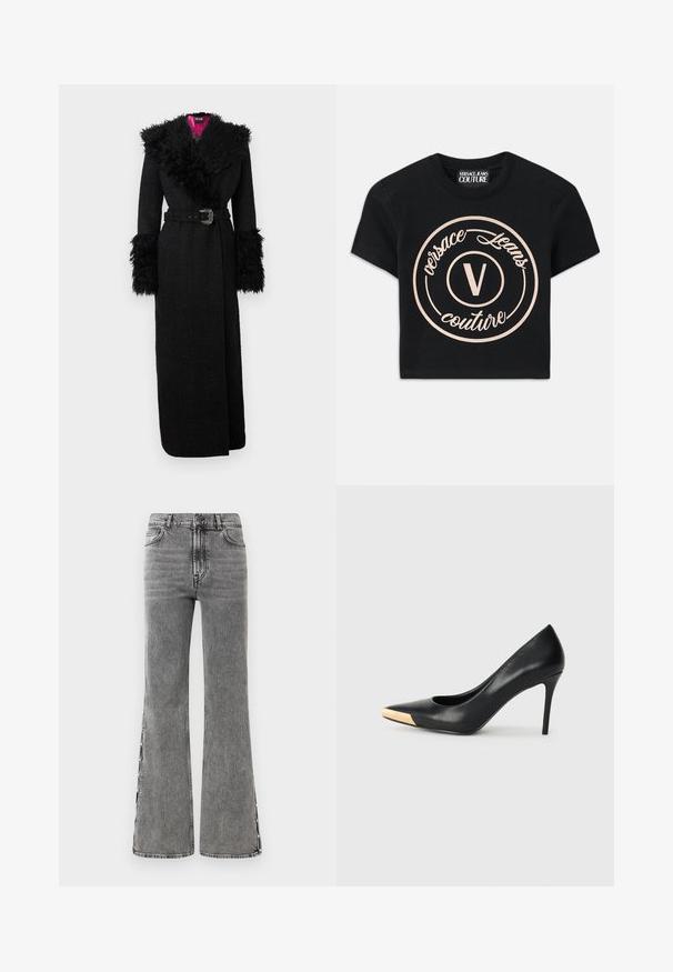 Fekete hosszú kabát plüss műszőrme gallérral és mandzsettákkal, öves derékkal és texturált anyagból, élénk rózsaszín béléssel.; Fekete pamut póló, amelyen egy nagy bézs kör alakú logó található, rajta a "Versace Jeans Couture" felirattal és egy középső elegáns "V" betűvel. Rövid ujjú.; Fekete, bővülő fazonú farmernadrág magas derekú szabással. Látható varrásokkal és oldalsó hasítékokkal rendelkezik, amelyek textúrált megjelenést biztosítanak.; Fekete bőrből készült, magas sarkú tűsarkú cipő, hegyes orral; fémes arany részlet a lábujj részen. Simább felület, elegáns kialakítással.