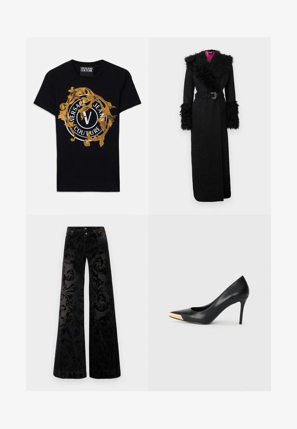 Černý dlouhý kabát s plyšovým límcem a manžetami z umělé kožešiny, páskem v pase a strukturovaným látkovým vzorem, se živým růžovým podšívkou.; Černé tričko s krátkým rukávem od Versace Jeans Couture s zlatým barokním designem a bílým kruhovým logem umístěným uprostřed přední strany.; Černé kalhoty širokých nohavic vyrobené z vzorovaného sametu s texturovaným vzorem vírů, se dvěma knoflíky vpředu a klasickým denimovým stylem.; Černé kožené vysoké podpatky s špičatou špičkou; obsahují kovový zlatý akcent na špičce. Hladký povrch s elegantním designem.