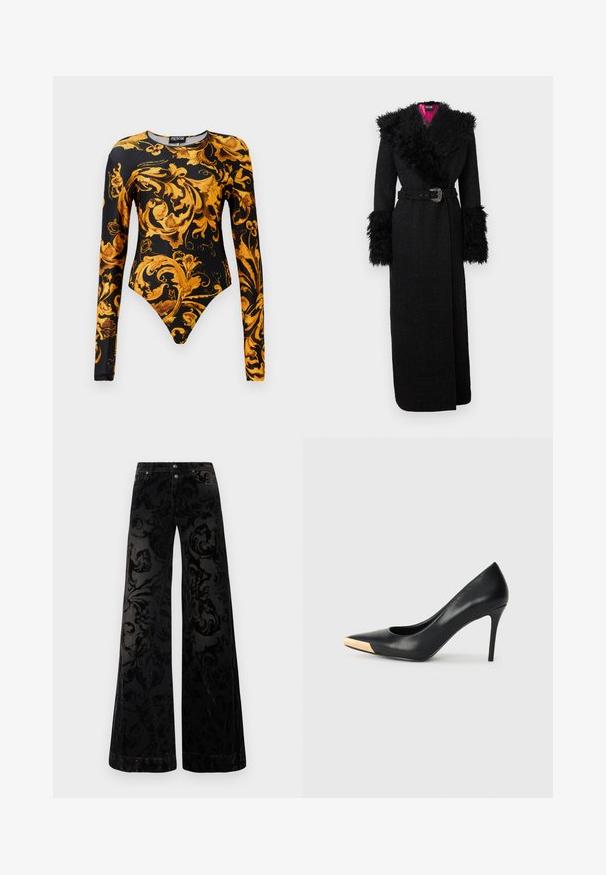 Melnā gara mēteļa ar mīkstu mākslīgās kažokādas apkakli un aprocēm, jostasvietu ar jostu un fakturētu audumu, ievērojama dzīvīga rozā oderējuma.; Melnas bodysuit ar garām piedurknēm, ar grezniem zelta ziedu rakstiem un augstu izgriezumu. Izgatavots no gludas materiāla.; Melni plataji samta bikses ar rakstainu virpju dizainu, diviem priekšējiem pogām un klasisku džinsa stila izskatu.; Melna ādas augstpapēžu kurpe ar smailu purngalu; ar metālisku zelta akcentu purngalā. Gluda virsma ar elegantu dizainu.