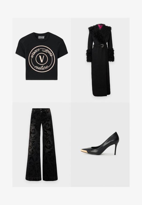 Černý dlouhý kabát s plyšovým límcem a manžetami z umělé kožešiny, páskem v pase a strukturovaným látkovým vzorem, se živým růžovým podšívkou.; Černé bavlněné tričko s velkým béžovým kruhovým logem, na kterém je nápis "Versace Jeans Couture" a uprostřed elegantní písmeno "V". Krátké rukávy.; Černé kalhoty širokých nohavic vyrobené z vzorovaného sametu s texturovaným vzorem vírů, se dvěma knoflíky vpředu a klasickým denimovým stylem.; Černé kožené vysoké podpatky s špičatou špičkou; obsahují kovový zlatý akcent na špičce. Hladký povrch s elegantním designem.