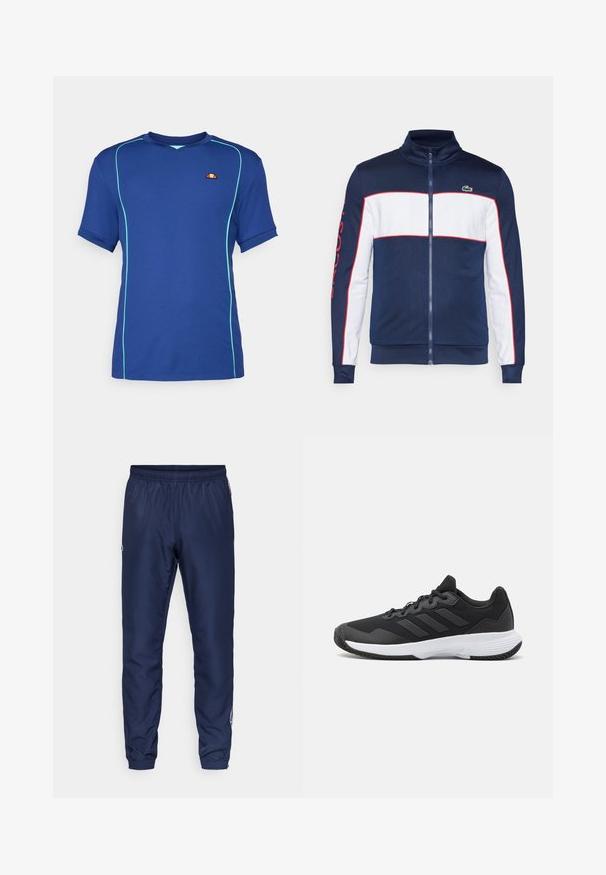Marineblauwe en witte ritsjack met een hoge kraag, voorzien van rode accenten en grote letters op de mouw. Gemaakt van een gladde, lichtgewicht stof.; Blauwe T-shirt met korte mouwen van gestructureerde stof, voorzien van teal accenten en een klein logo. V-hals ontwerp met contrasterende stikdetails.; Marineblauwe sportbroek van lichtgewicht materiaal, met een elastische tailleband en taps toelopende boorden met een klein logo-detail aan de zijkant.; Zwarte sportieve schoen met een gestructureerde bovenkant, drie horizontale strepen en een witte zool met een gepatternde loopvlak. Lichtgewicht en gestroomlijnd ontwerp.